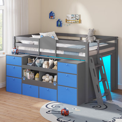 Lit mezzanine bas pour lit simple, avec 8 tiroirs en tissu et 4 espaces de rangement ouverts, en bois, avec éclairage DEL et espace de jeu sous le lit, cadre de lit simple avec barrière de sécurité et escalier pour garçon, gris et bleu.