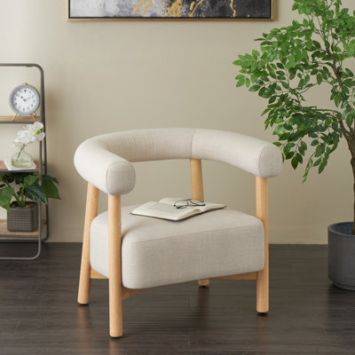 Fauteuil d'appoint rond beige en polyester brun clair avec structure en bois brun clair Sara