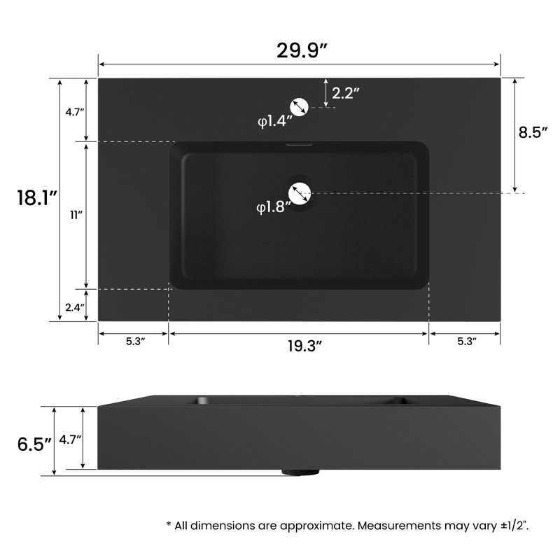 30"W x 18"D Wall Mounted Solid Surface Sink with Overflow & Single-Faucet Hole, Matte Black