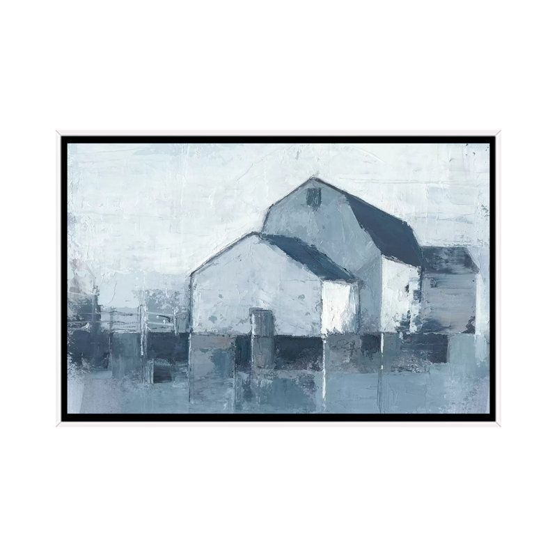 "Indigo Barns II" par Ethan Harper, reproduction d’art, H 18 po x l 26 po x P 1,5 po, Toile blanche encadrée, Pas de tapis