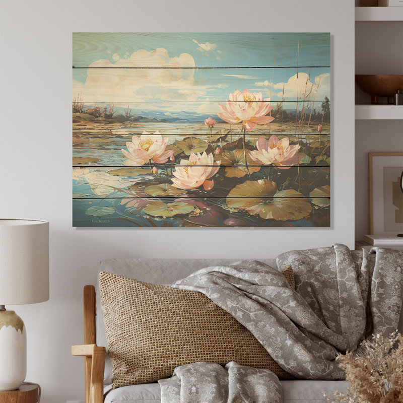 «By The Lake Lotus», art mural sur bois de pin naturel, H 30 po x l 40 po