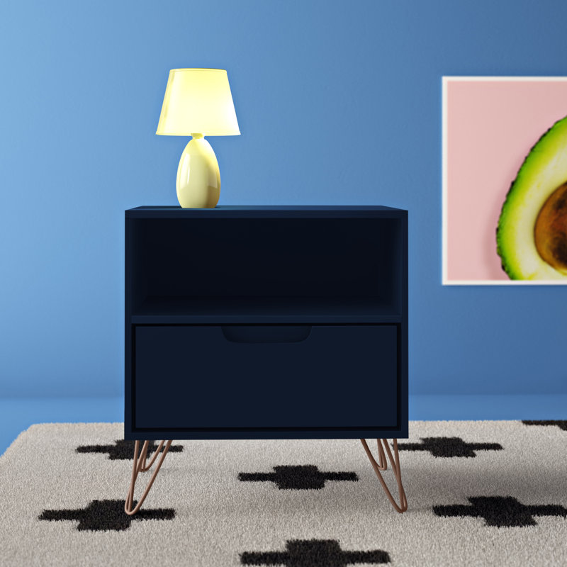 Table de chevet 1 tiroir Mid-Century moderne bleu Mid-Century Rockefeller, Bleu minuit Tatiana