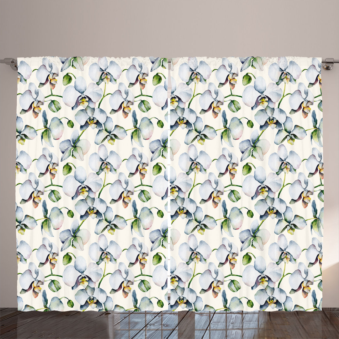 Rustic curtain, boho orchid pattern, floral design, reseda green and baby blue