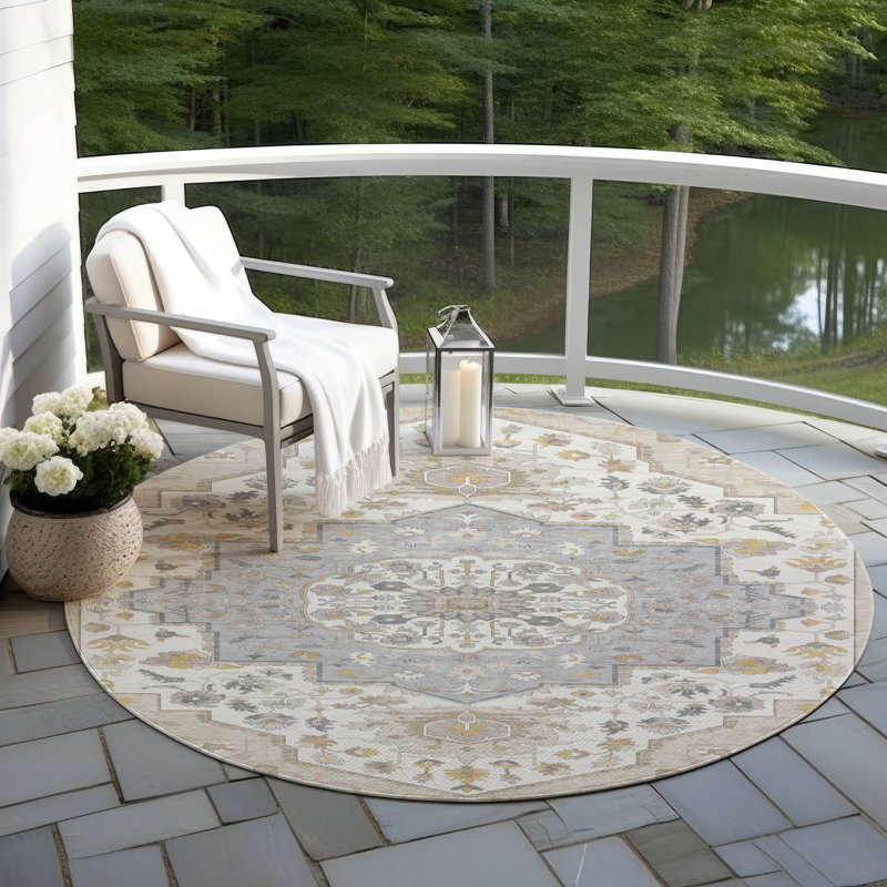 Machine Washable Indoor/Outdoor Chayden ACN985 Beige 8' x 10' Rug, Round 8'