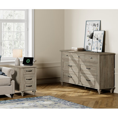 Evelet 2 Piece Bedroom Set - Includes Farmhouse 7 Drawer Dresser, Wooden Side Table With Charging Station & Storage Cabinet, 2 Piece Dresser And Night by Charlton Home