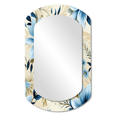 Erelina - fleurs bleues et blanches harmonie - miroir mural décoratif asymétrique floral, grand miroir cylindrique bleu, impression d'art en métal