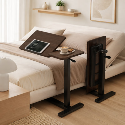 Table de lit réglable réglable avec plateau de table double divisé, finition en bois de noyer pour la chambre à coucher