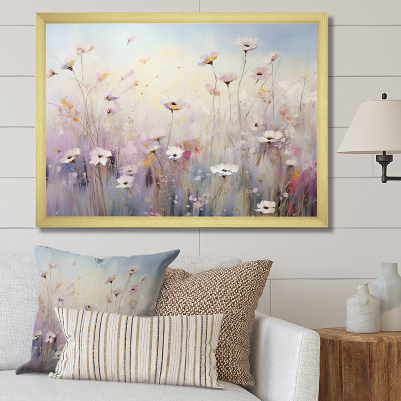 «White Wildflowers Whispering Breeze II», reproduction d'art sur toile, Cadre doré à une seule photo