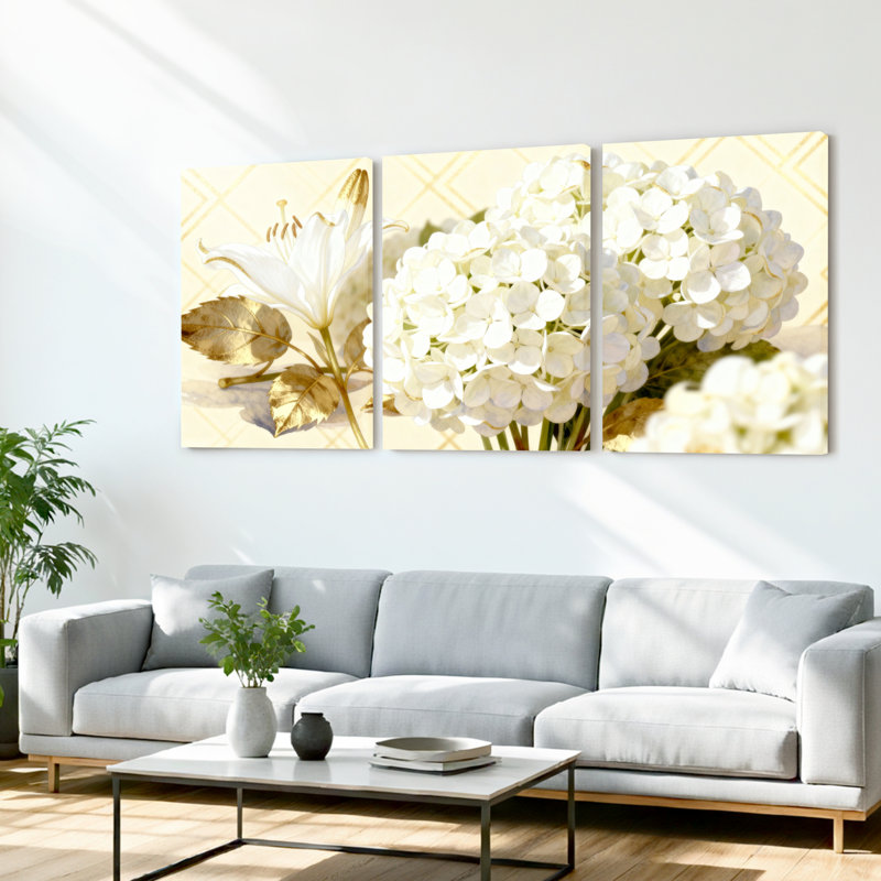 Tableau mural sur toile tendue, motif floral lys blanc et hortensias, élégants accents dorés (lot de 3), H 30 po x l 60 po