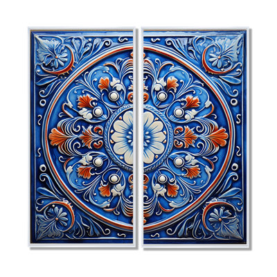 Floral Boho Blue And Orange Tile Mosaic 4 - Large Boho Tiles Wall Decor