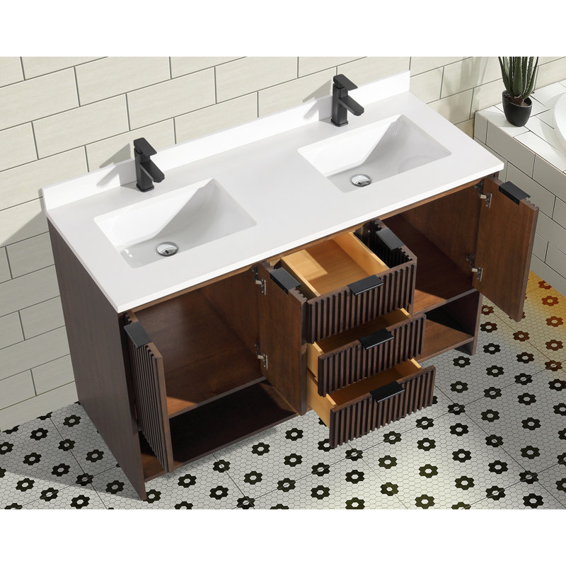 Anelie 55'' Double Bathroom Vanity with Quartz Top, Walnut