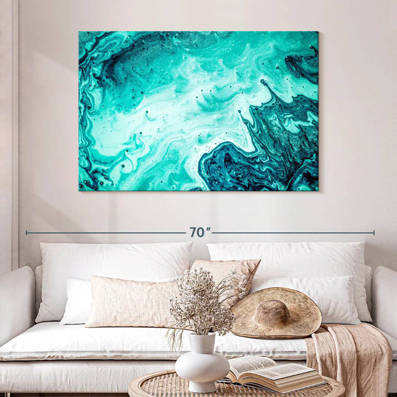 Aamarine abstrait aigue-marine de luxe, H 32 po x l 48 po