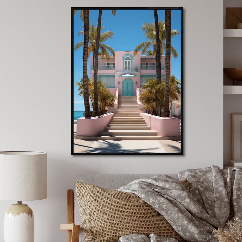 Laragh Miami, maison rose V, H 40 po x l 30 po x P 1,5 po, Cadre flottant noir