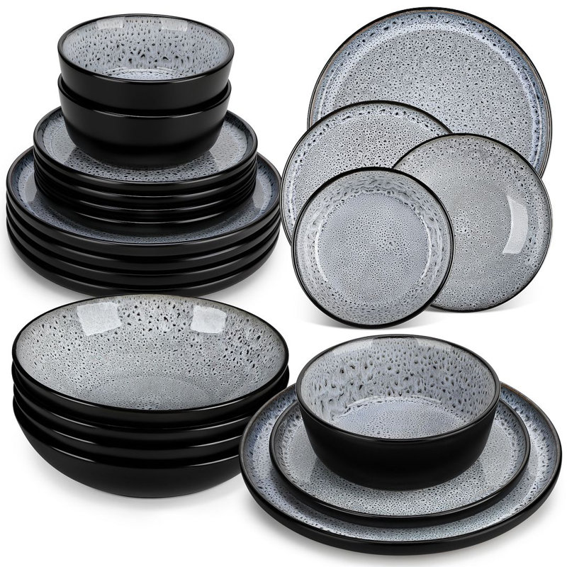  Service de table en céramique 24 pièces pour 6 personnes, assiettes à dessert, assiettes à dessert, bols à pâtes et bols à céréales 24 pièces