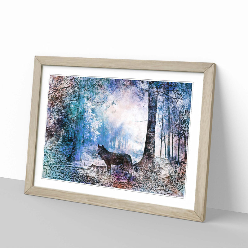 Wolf in a Magical Forest in Abstract - Picture Frame Painting Print, Oak, 35cm H x 50cm W x 2cm D