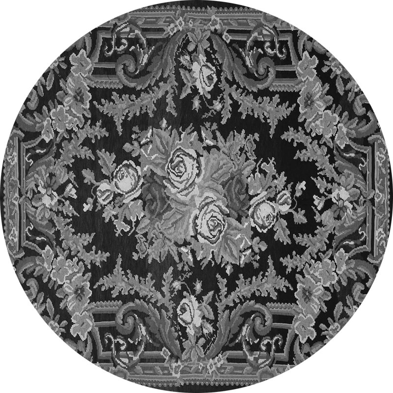 Tapis oriental gris / noir en chenille / polyester tissé à la machine Oline, Rond 8 pi