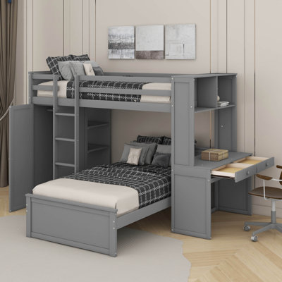 Lit mezzanine simple avec tablettes, bureau et garde-robe