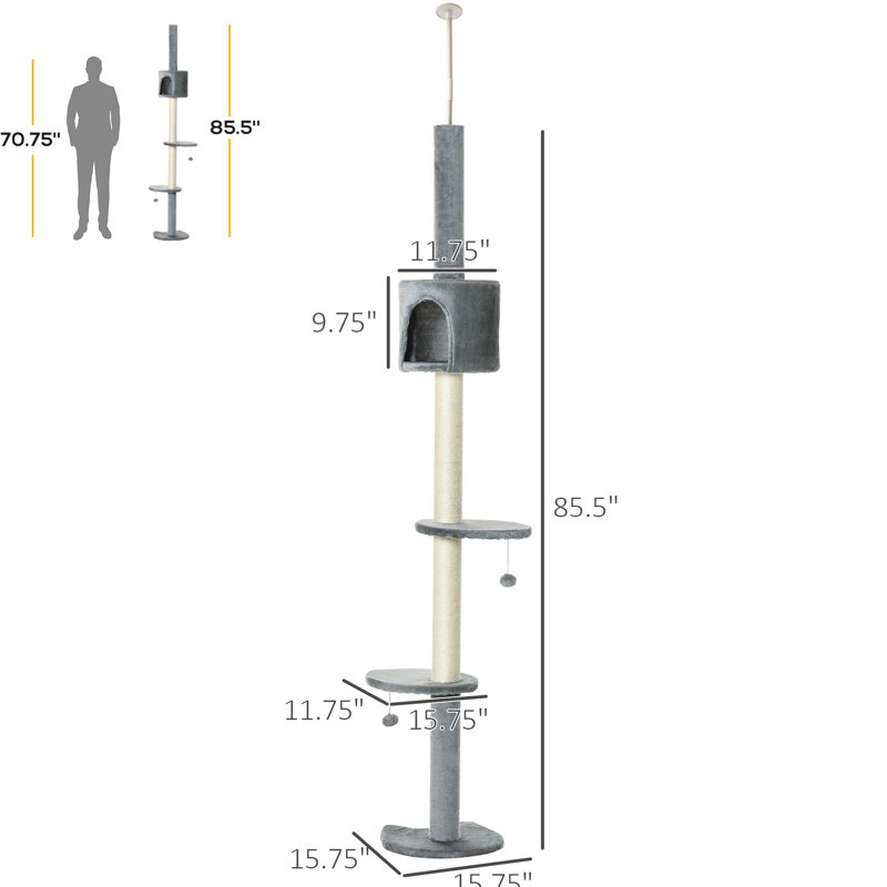 Tour pour chat 85,5 po - Centre d'activités pour 4 escalades. Grattoir, boules suspendues. Stable et confortable. Gris. Pour chats de moins de 10 lb, réglable en hauteur avec système de sécurité.
