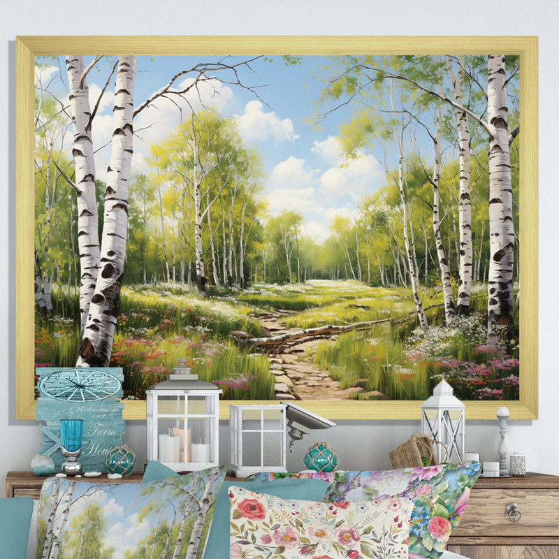 «Birch Woods Spring Awakening III», art mural sur toile de bouleau, H 34 po x l 44 po x P 1,5 po, Encadrement doré