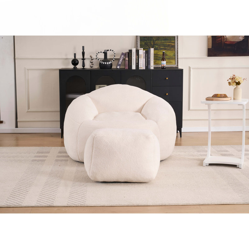 Fauteuil à billes en chenille avec repose-pieds, Chenille Tedy blanche