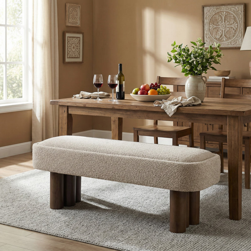 Karsen Mid-Century Modern Upholstered Dining Bench with Wooden Legs, Khaki Boucle, 18.7" H x 51.57" W x 17.52" D