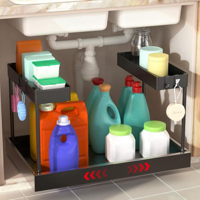 Expandable 2-Tier Under Sink Pull-Out Organizer, No-Drill Adjustable Storage For Kitchen, Bathroom, Or Laundry