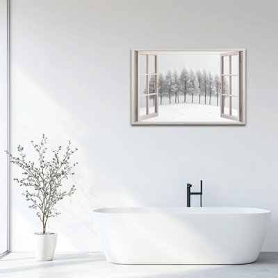 Grande toile d'art encadrée de fenêtre d'hiver, impressions sur toile encadrées, paysage de forêt enneigée, affiche prête à accrocher, œuvre d'art murale pour le bureau de la chambre à coucher, 24 po x 32 po