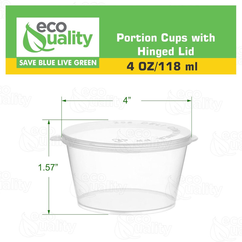 Tasses à portion en plastique 4 oz avec couvercle à charnières Ecoqualité - pour les sauces, les échantillons, la boue, le gelée et le rangement des aliments (600)