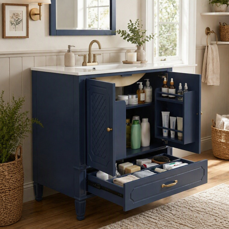 Meuble-lavabo de 30 pouces avec lavabo en céramique, armoire de rangement multi-portes avec portes à fermeture douce pour l'espace de salle de bain