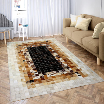 Beige And Brown Patchwork Cowhide Carpet, Luxury Area Rug