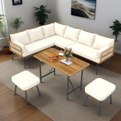 Ensemble de meubles de patio 6 pièces avec coussins - Ensemble de canapé d'extérieur en osier de rotin, comprend une table et 5 chaises, un canapé de conversation imperméable à 8 places pour la cour, le bord de la piscine (beige)