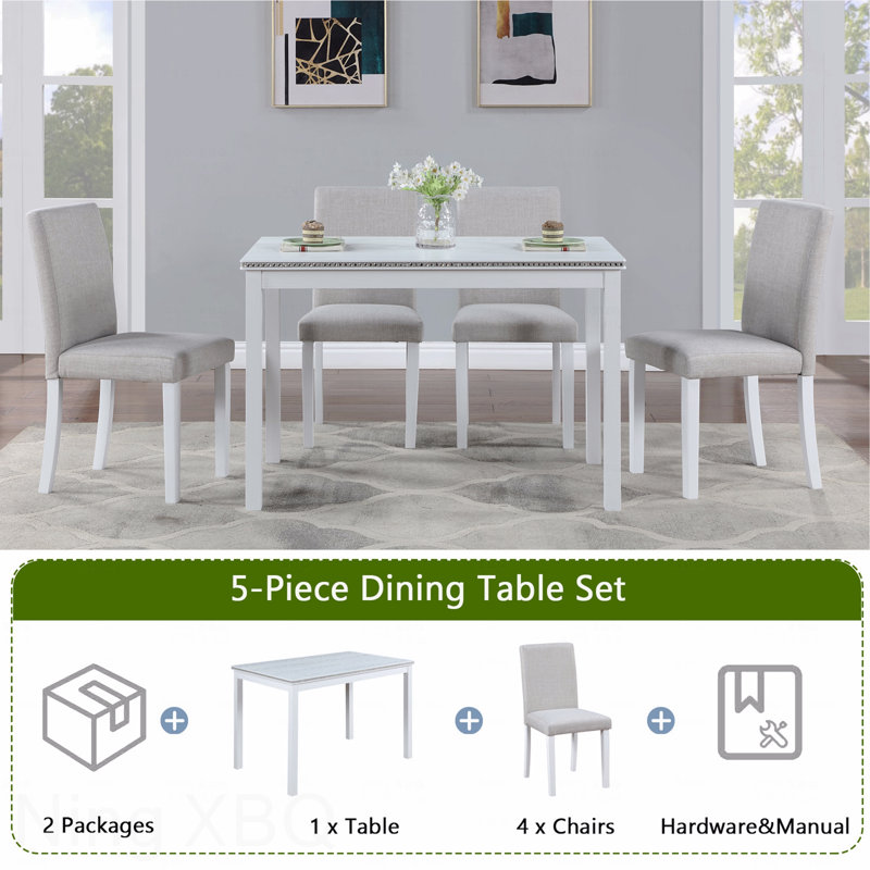 Ensemble de salle à manger 5 pièces en bois: table rectangulaire et 4 chaises rembourrées, décoration en cristal, Blanc