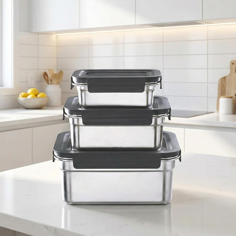 3 boîtes de rangement en acier inoxydable 304 avec couvercles, 2 500 ml + 1 100 ml + 450 ml, joint d'étanchéité en silicone, bord droit, noir, réutilisables pour repas