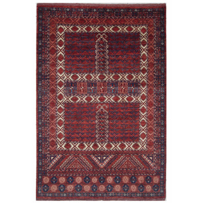Tapis unique rouge, ivoire et bleu de 5 pi 10 po x 8 pi 9 po