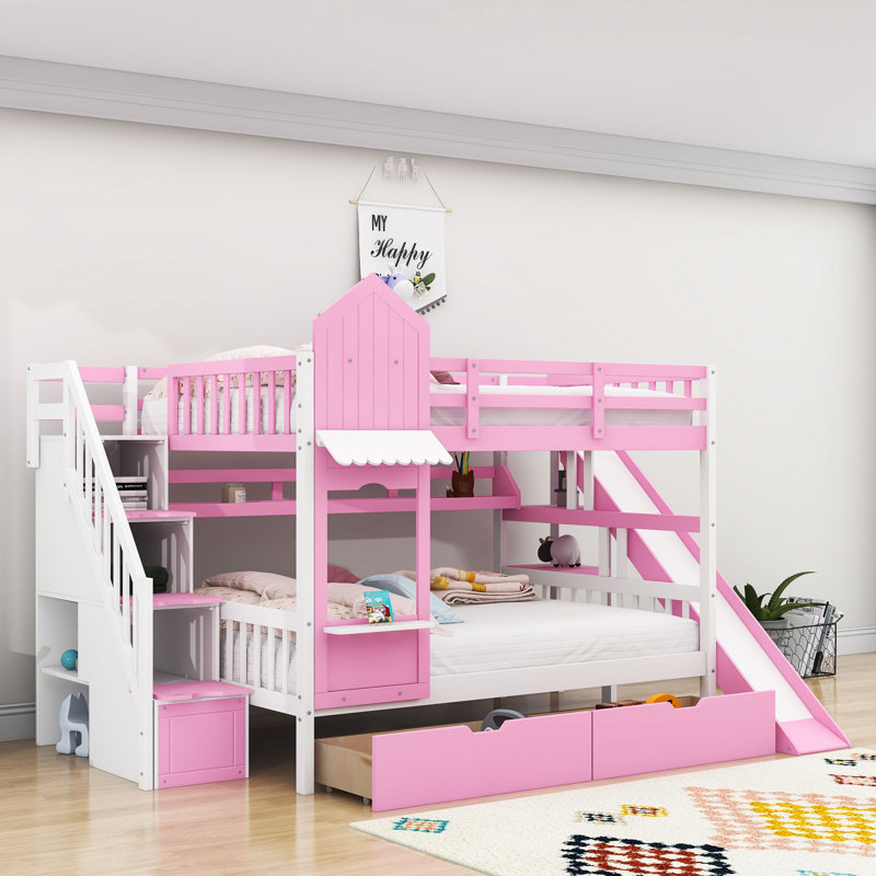 Lit superposé standard à 2 tiroirs avec tablettes Smolan par Harriet Bee, Double sur double, Rose