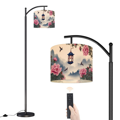 Arc Floor Lamp Oriental Hanging Lantern Pink Peonies Swallows Misty Mountains Floor Lamps with Remote LED Lights Adjustable Lamp Shades Tall Standing Lamps for Reading Office Living Room