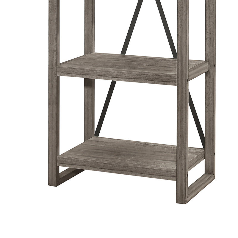 Bibliothèque Rie, 77 po, 4 niveaux, support en forme de X en métal, bois gris rustique