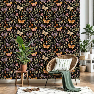 Papier peint auto-adhésif Papillons fantaisistes Serpents Champignons Fleurs Papier de contact foncé amovible auto-adhésif Décoration murale pour armoires de cuisine de chambre à coucher 17,7 po x 118 po