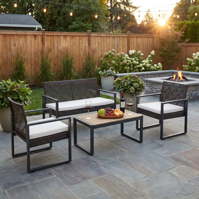 Light Brown 4-Piece Wicker Patio Conversation Set, Modern Black Frame with Acacia Wood Table Top for Garden Backyard Porch