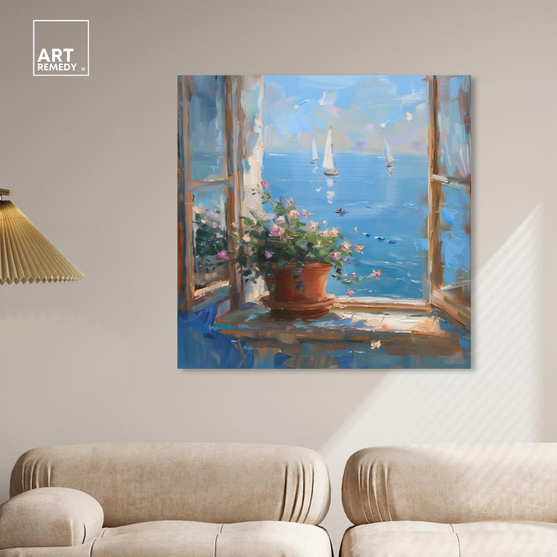 Coastal Window View Blue and Brown Canvas Landscape Art, 30" x 30"
