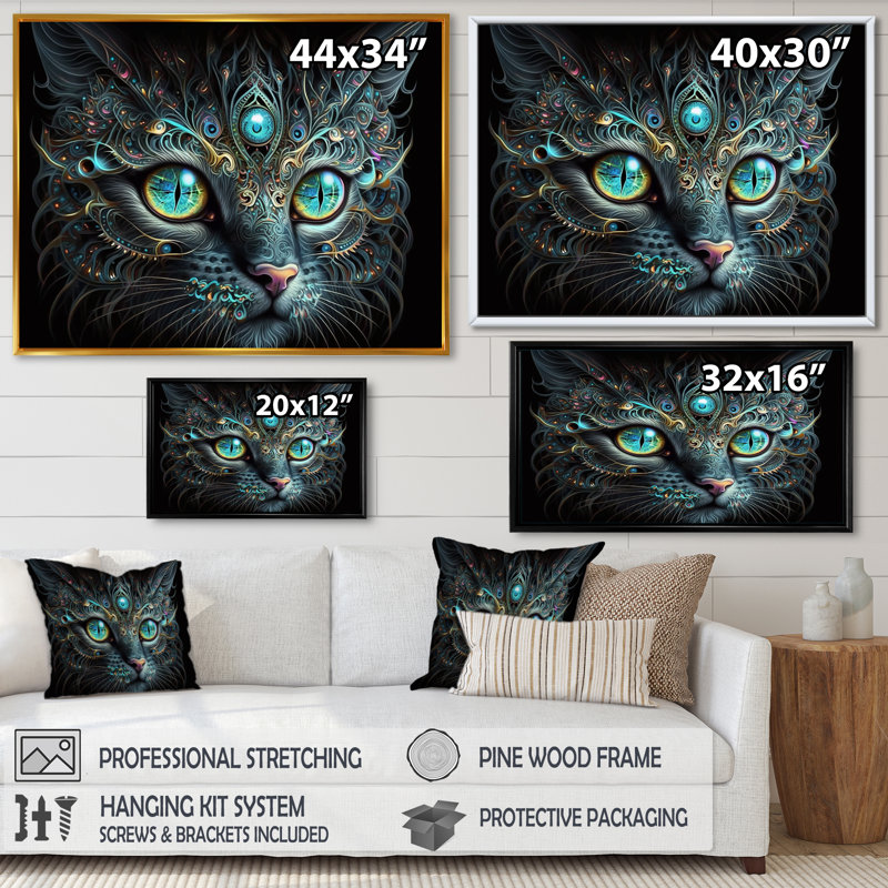 Art mural sur toile lumineux avec des yeux bleus I - animaux, L 40 po x H 30 po, Toile avec cadre flottant noir