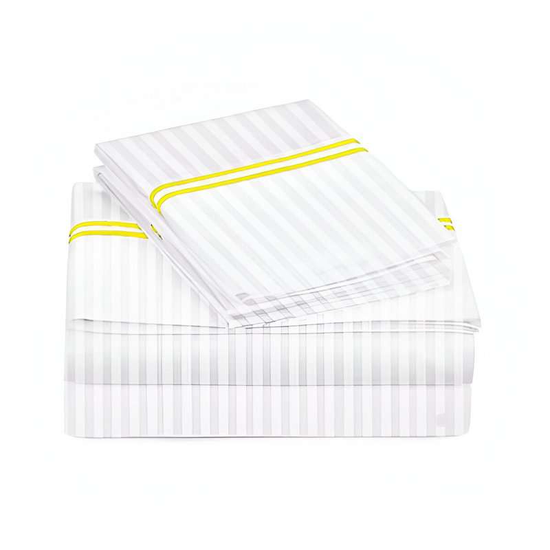 400TC Double Embroidery Sateen Stripe Cotton 4 Piece Sheet Set Fitted Sheet Fits Upto 16" Deep Pocket, Yellow/White