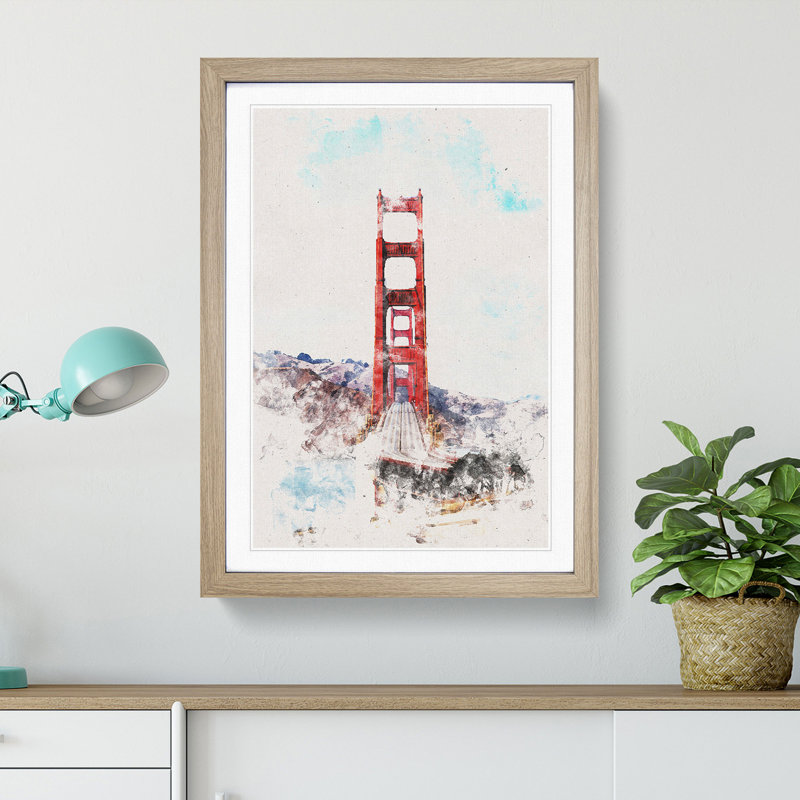 Golden Gate Bridge Abstract Watercolour - Picture Frame Graphic Art, Oak Framed, 63cm H x 45cm W x 2cm D