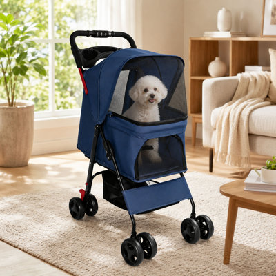 Foldable Pet Stroller for Small Dogs & Cats, 28 lbs Capacity, Storage Basket