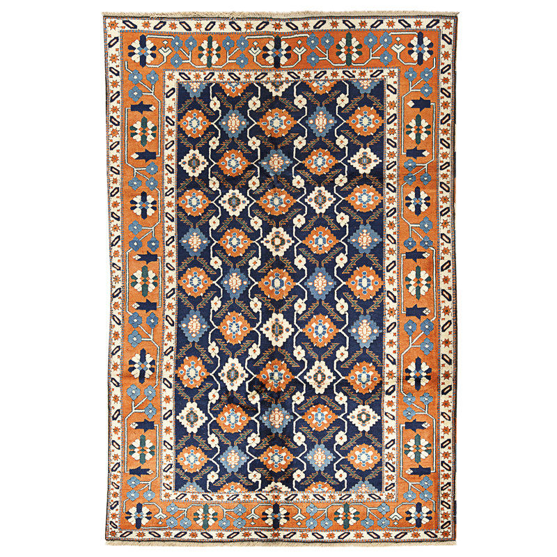 High-Quality Hand-Knotted Navy And Rust Area Rug
