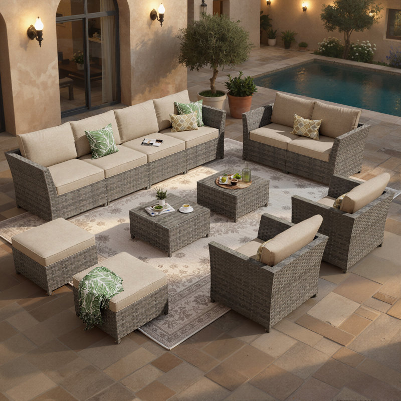 12- Piece No - Assembly Wicker Outdoor Patio Furniture Set with ottoman.include Cushions and table, Cream