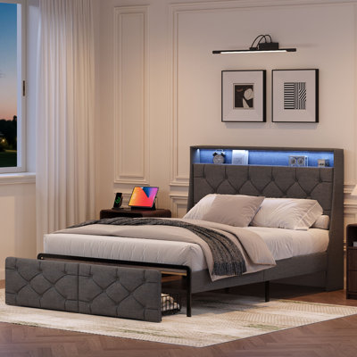 Queen Size Linen Upholstered Platform Bed with 2 Drawers, Tufted Wingback Headboard & LED Lighting