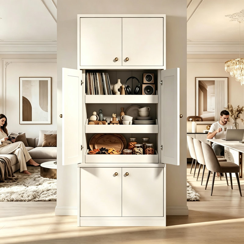 Meuble de rangement OMCHOM de 71 po avec 2 armoires à double porte, 3 tiroirs et système antibasculement, fini noyer, idéal pour la cuisine, le salon ou la salle à manger.