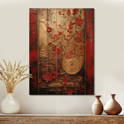 God And Red Floral Japanese Tiles III - Botanicals On Wood Print