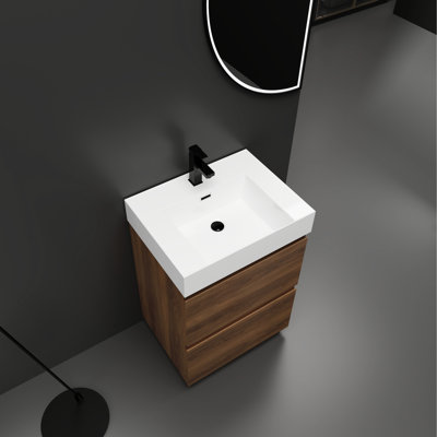 Meuble-lavabo 24 po, lavabo simple avec armoire à 2 tiroirs, moderne, bois d'ingénierie, brun, résine incluse - meuble sous-comptoir moderne en bois d'ingénierie autoportant brun Mid-Century